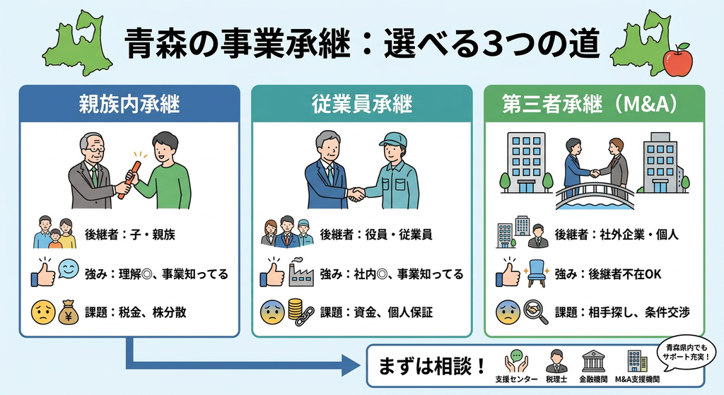青森の事業承継は3つの方法【親族内・従業員・第三者(M&A)】